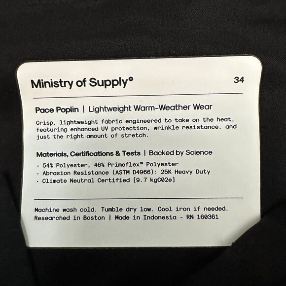 Ministry of Supply Men's Pace Poplin Chino Black 34 NWT Tech Stretch Pants - Picture 3 of 14